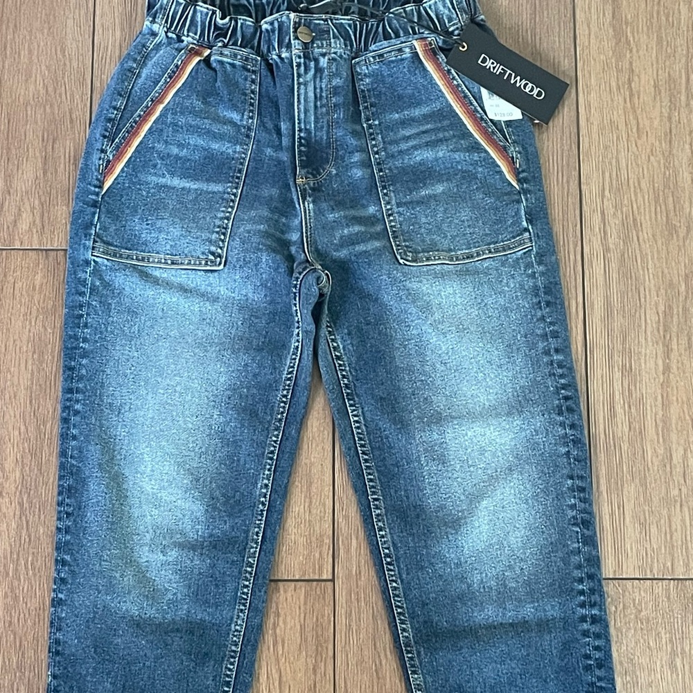 Driftwood elastic and zip fly jean with gold and rust details at pockets